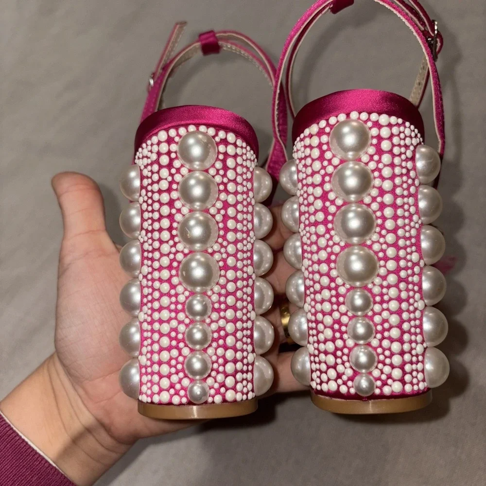 NWOB Betsey Johnson Lulu Women's Sandal Size 7M‎ Pink Bow Pearl Wedding Block - Picture 4 of 5